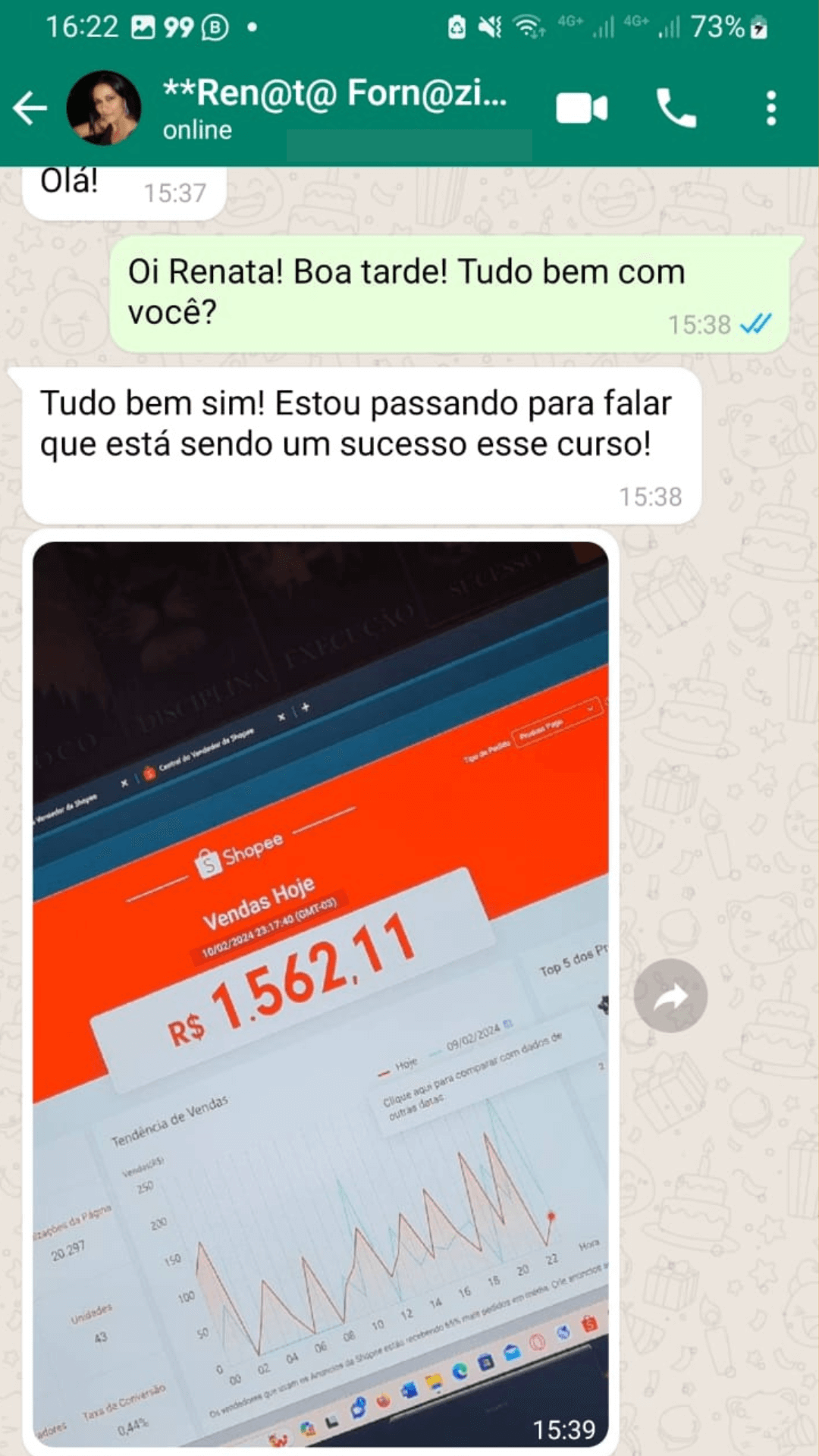 Conversa no WhatsApp com print de R$ 1.562,11 em vendas do dia