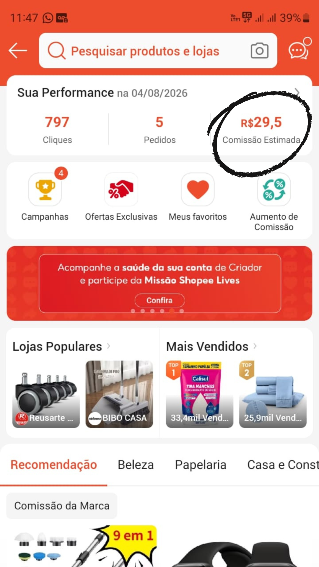 App de afiliado com 797 cliques e R$ 29,5 de comissão estimada