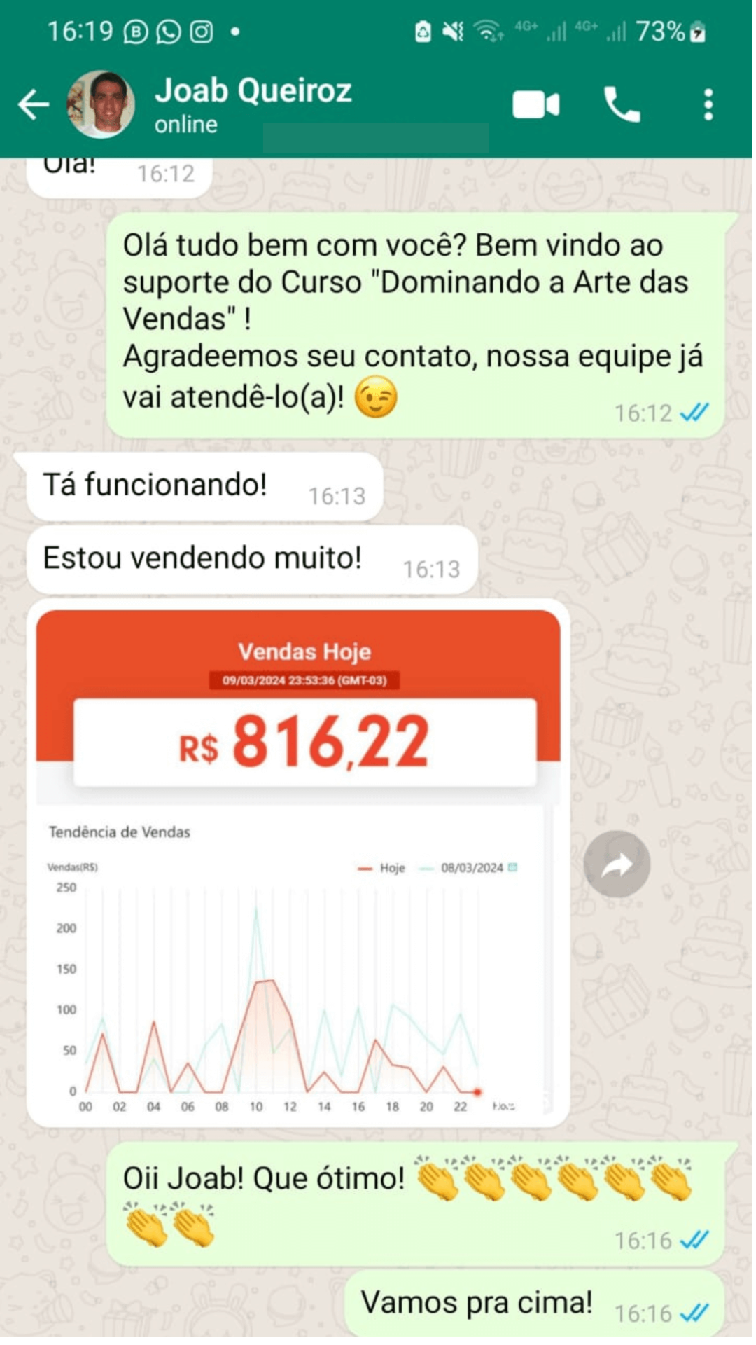 Conversa no WhatsApp com print de R$ 816,22 em vendas do dia