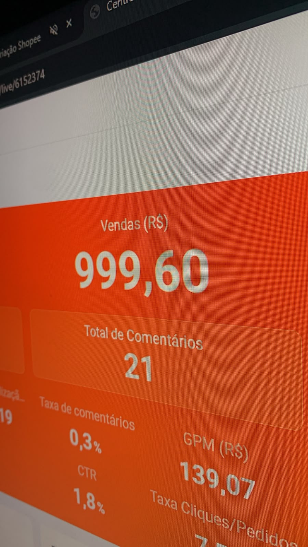 Live em tempo real com R$ 999,60 em vendas e GPM de R$ 139,07