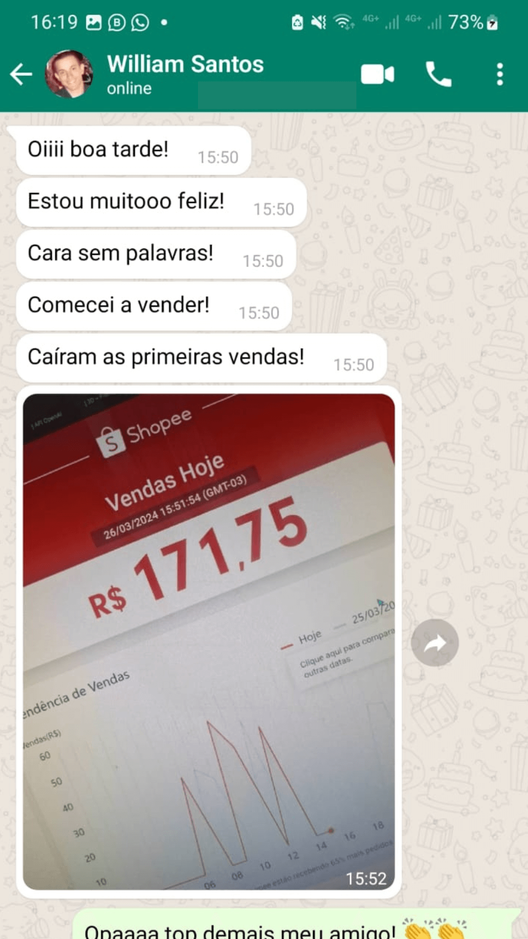 Conversa no WhatsApp com print de R$ 171,75 em vendas do dia