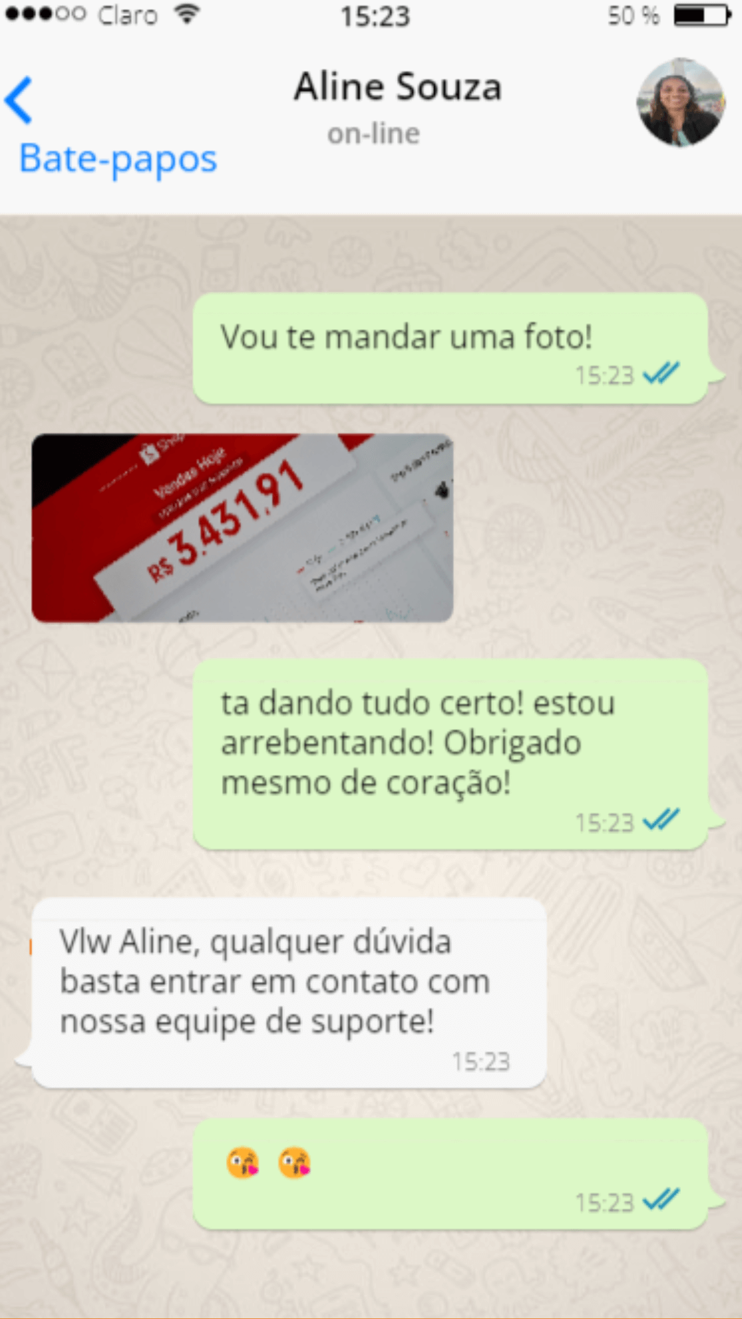 Conversa mostrando print de R$ 3.431,91 em vendas do dia