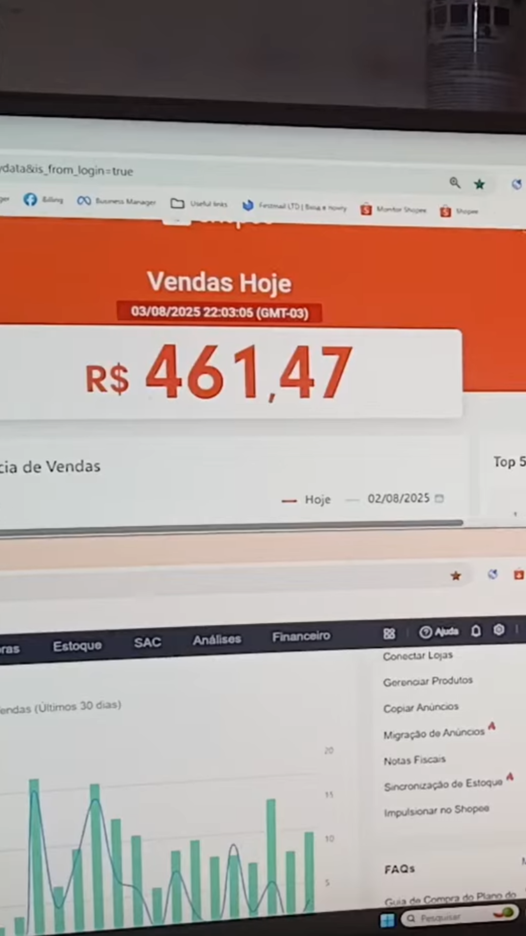 Painel da Shopee mostrando R$ 461,47 em vendas no dia