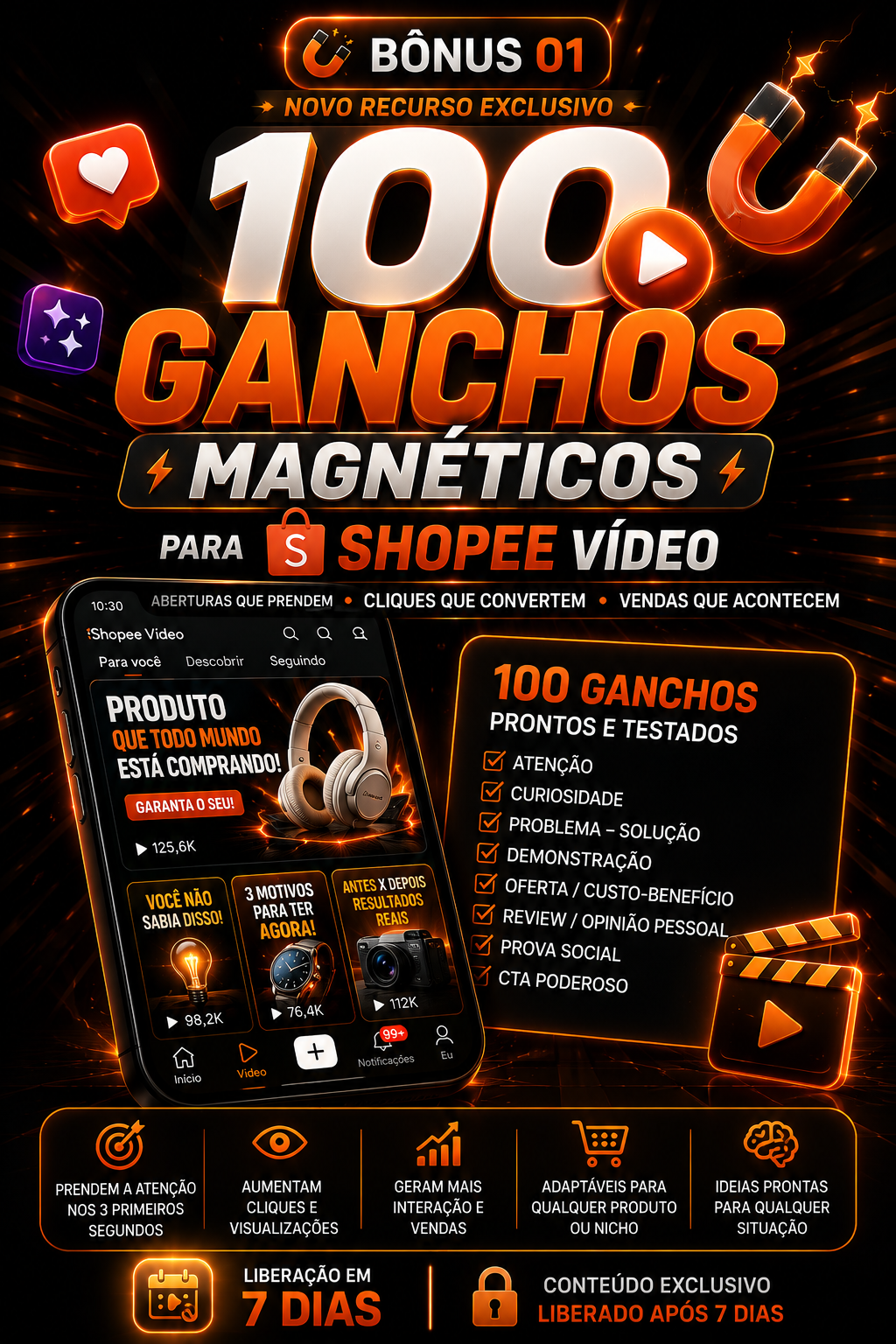 Bônus 01 — 100 Ganchos Magnéticos para Shopee Vídeo