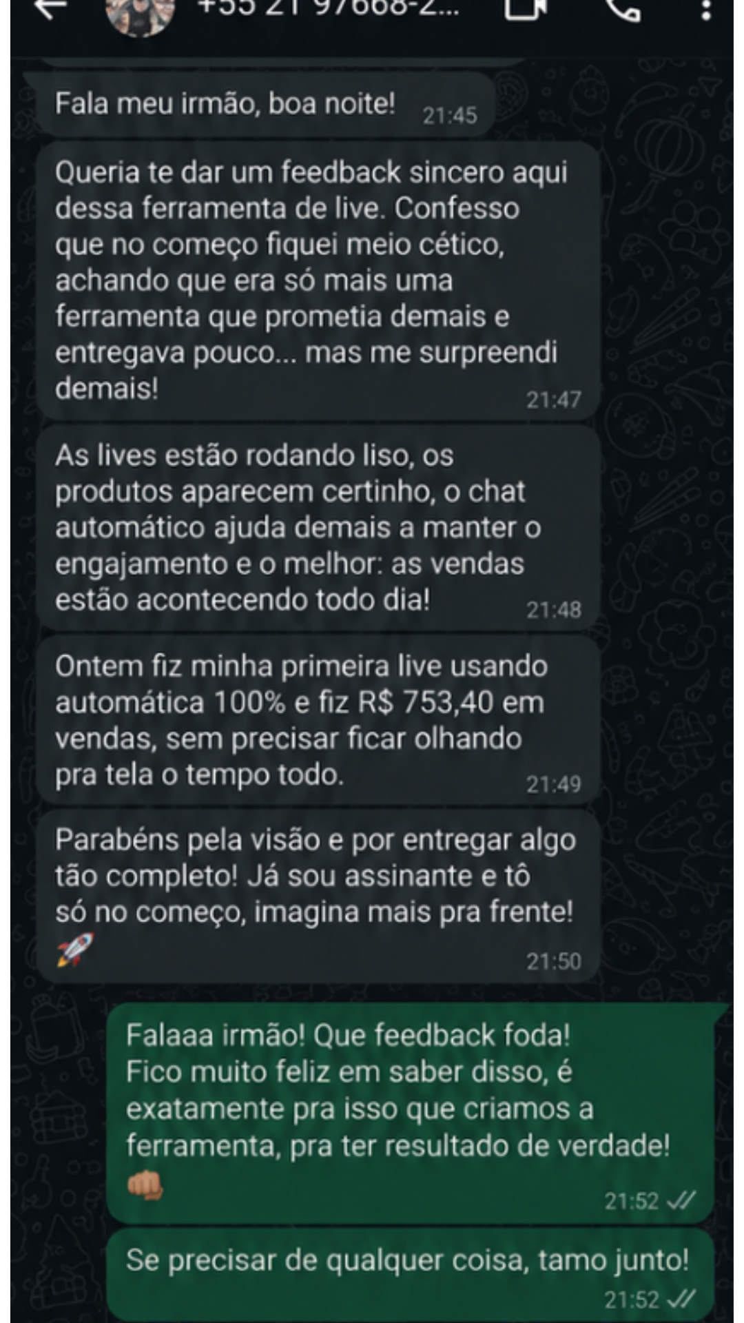 Conversa no WhatsApp relatando R$ 753,40 em vendas na primeira live 100% automática