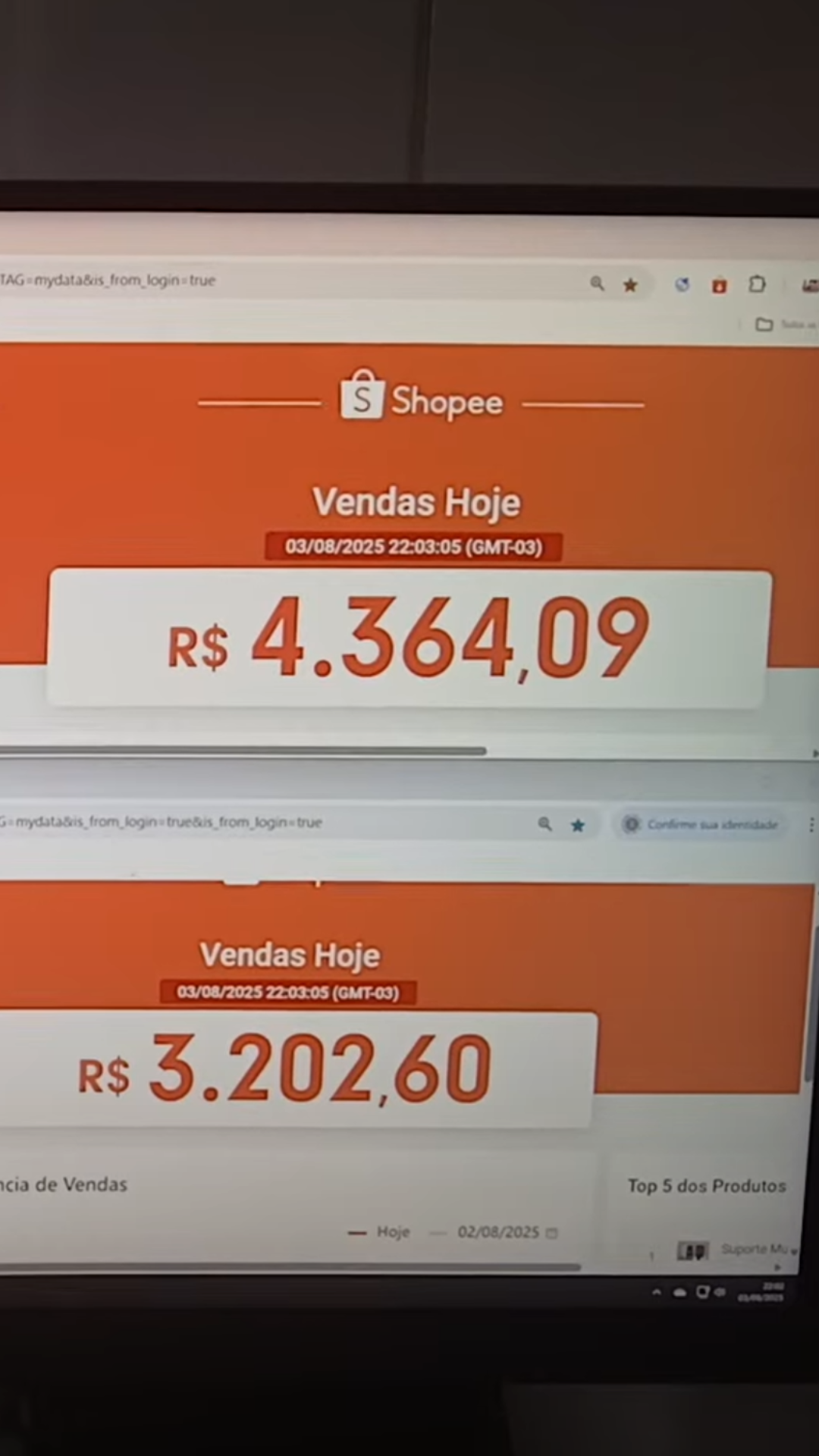 Duas contas Shopee com R$ 4.364,09 e R$ 3.202,60 em vendas no mesmo dia