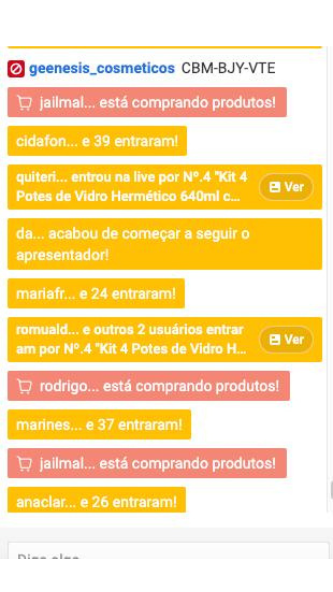 Chat da live com compradores entrando e comprando produtos em tempo real
