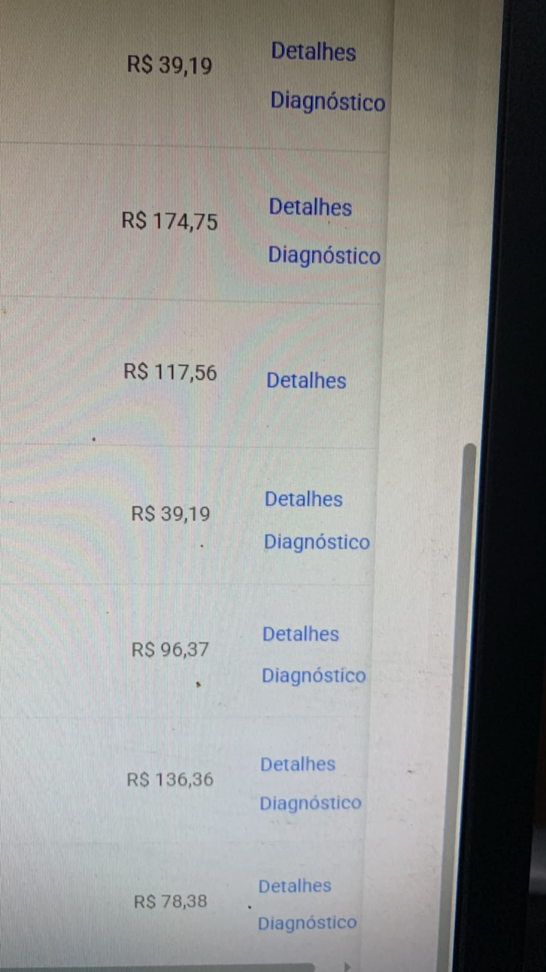 Lista de pedidos pagos de R$ 39,19 a R$ 174,75