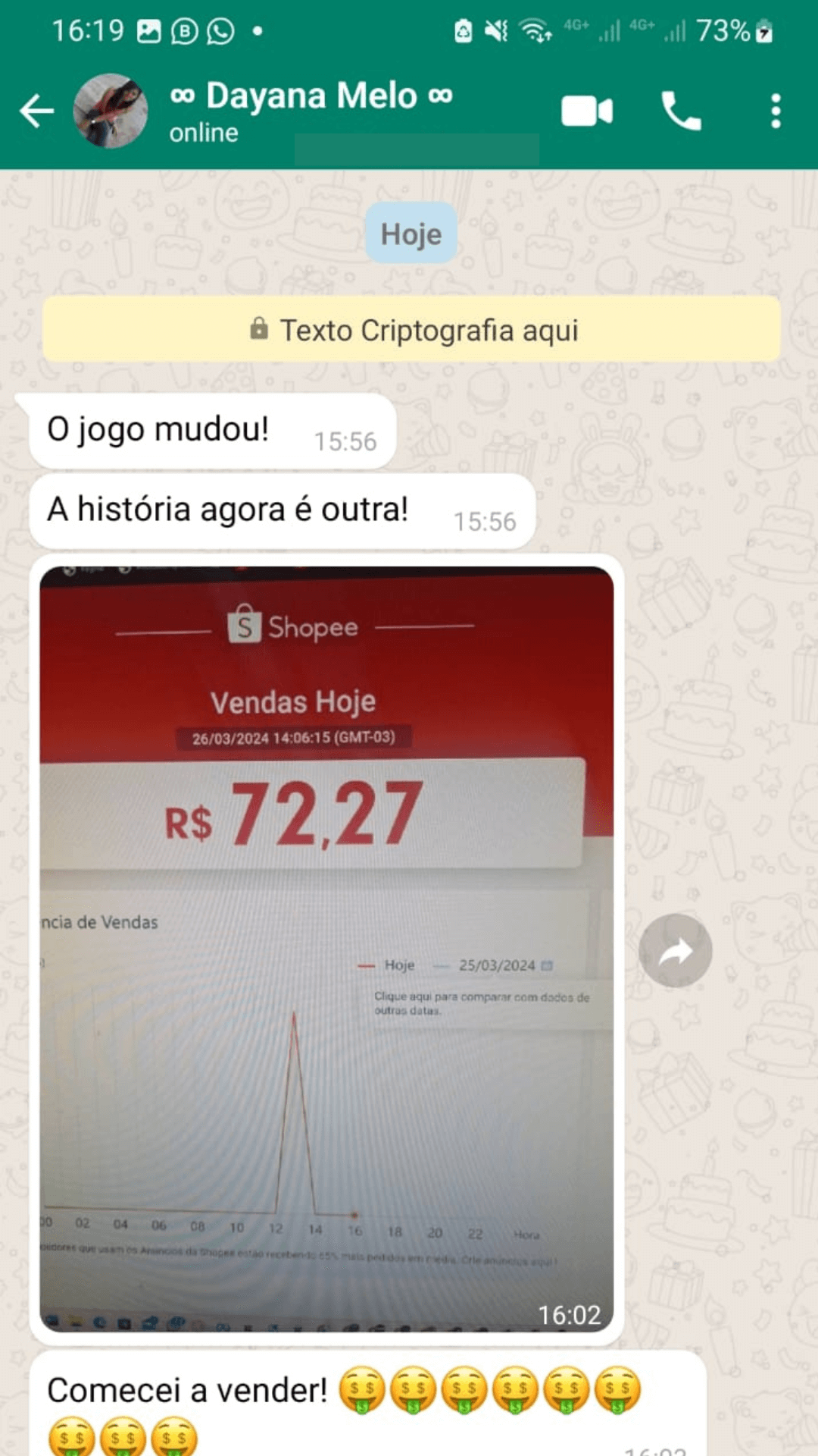 Conversa no WhatsApp com print de R$ 72,27 em vendas do dia